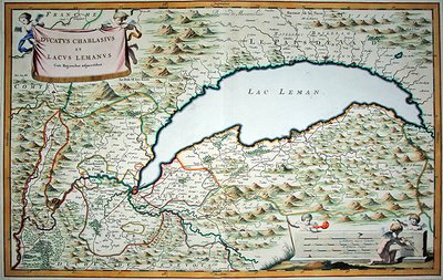 Lago di Ginevra, da un libro di città in due volumi di Savoia e Piemonte, inciso da Joannes de Broen da Giovanni Tommaso (after) Borgionio