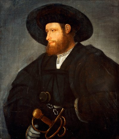 Ritratto di un gentiluomo, mezzo busto, con costume nero e cappello nero da Giovanni de Busi Cariani