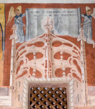 Iscrizione dedicatoria di Botoneri “Questa cappella di San Magno è stata fatta con elemosine devote donate da Giovanni di Cherasco Botoneri