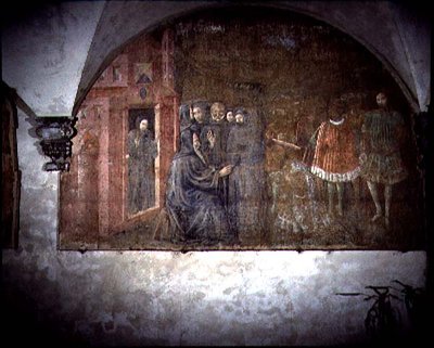 San Benedetto e il messaggero del re Totila, dettaglio dal ciclo di affreschi della Vita di San Benedetto dal Chiostro degli Aranci da Giovanni di Consalvo (attr. to)