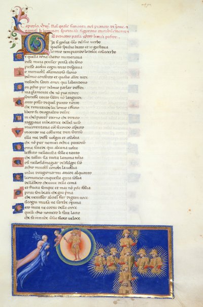 Paradiso, Canto XVIII. Miniatura mostra Dante e Beatrice che fluttuano davanti alla mezza figura di Cacciaguida, che è alla periferia del Cielo di Marte, che ha la figura alata di Marte al centro. Dante viene mostrato gli otto santi guerrieri che appaiono da Giovanni di Paolo