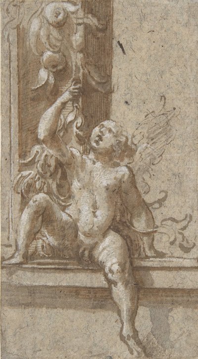Un putto seduto su una cornice, ca. 1538-40 da Girolamo Mazzola Bedoli