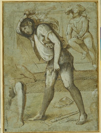 Un boia sta per decapitare un santo barbuto (penna e inchiostro marrone con lavaggio e colore bianco su carta) da Girolamo Romanino