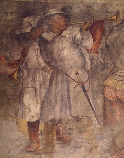 Figura di uomo che suona la tromba, dettaglio di affresco di Girolamo Romanino, Chiesa di Sant