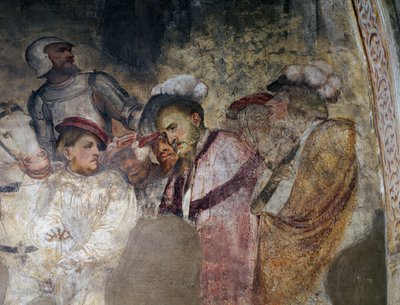 Soldato in armatura e uomini con cappelli, (dettaglio) affresco di Girolamo Romanino, parete sinistra del presbiterio della Chiesa di Sant