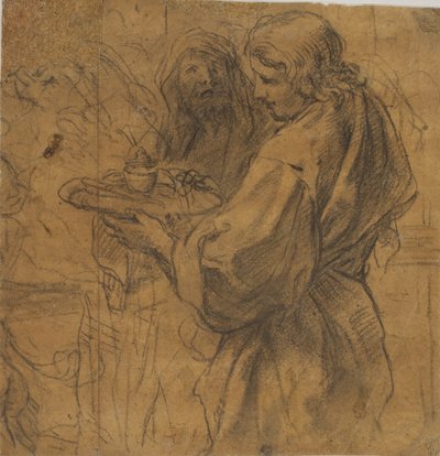 Un giovane con un vassoio e dietro di lui un vecchio con la testa coperta da un drappo da Girolamo Troppa