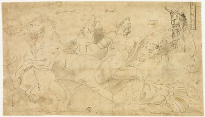 Rilievo antico con Ercole e le cavalle di Diomede (recto); due schizzi: Satiro drappeggiato e Figura femminile alata (verso) da Girolamo da Carpi
