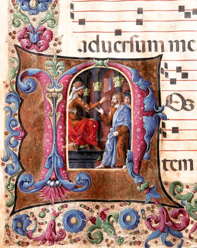 Lettera decorata rappresentante Gesù Cristo davanti a Ponzio Pilato. Miniatura di Girolamo da Cremona (attivo intorno al 1451-1483) e Liberale da Verona (1445-1529) da un coro (Cod. 22/7. c.22.) del Duomo di Siena. XV secolo da Girolamo da Cremona