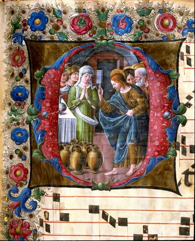 Lettera decorata che rappresenta le nozze di Cana Miniatura di Girolamo da Cremona (attivo intorno al 1451-1483) e Liberale da Verona (1445-1529) da un coro (Cod. 19/4. c.19v.) dalla Cattedrale di Siena. XV secolo Cattedrale (Duomo) di Siena, Italia da Girolamo da Cremona