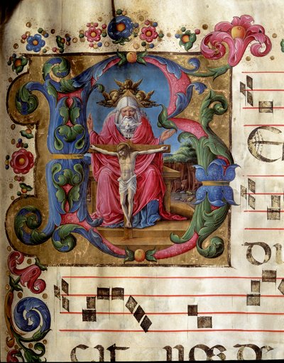Lettrine B decorata rappresentante la Santissima Trinità (Trono di Grazia) Dio, Gesù Cristo e la colomba dello Spirito Santo. Miniatura di Girolamo da Cremona (attivo intorno al 1451-1483) da un coro (Cod. 10/L. c.81v) del Duomo di Siena. XV secolo da Girolamo da Cremona