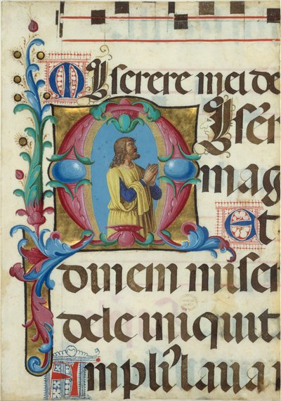 Illustrazione del manoscritto con Davide in preghiera in una iniziale M, da un Salterio da Girolamo dai Libri