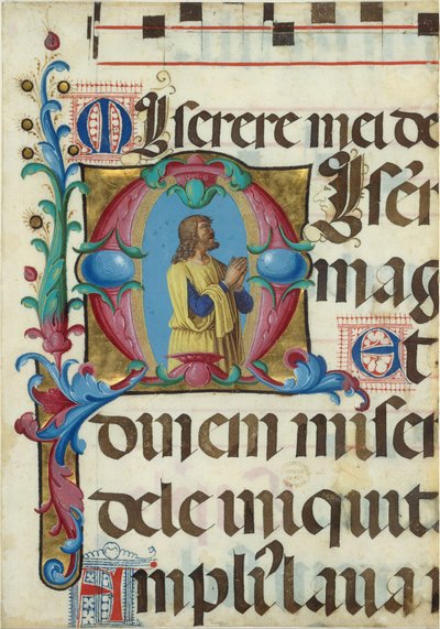Illuminazione del manoscritto con Davide in preghiera in una iniziale M, da un Salterio, italiano da Girolamo dai Libri