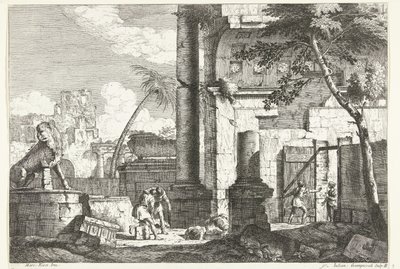 Rovine antiche con saccheggiatori di tombe e palma (paesaggi italiani) da Giuliano Giampiccoli