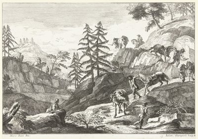 Paesaggio montano con cavalieri che conducono cavalli in discesa (Paesaggi italiani) da Giuliano Giampiccoli