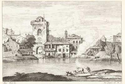 Veduta di città con torre sull