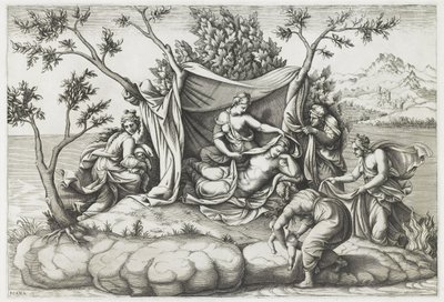 Latona dà alla luce Apollo e Diana, inciso da Diana Mantovana da Giulio (after) Romano
