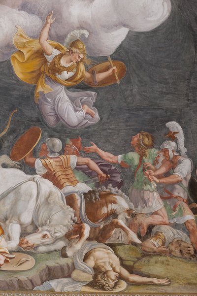 Una battaglia, (dettaglio) Il cavallo di Troia, Camera di Troia (Sala di Troia) da Giulio (and workshop) Romano