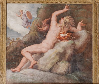 Aiace trafitto da un lampo di fuoco su una roccia appuntita, Il Cavallo di Troia, Camera di Troia (Sala di Troia) da Giulio (and workshop) Romano
