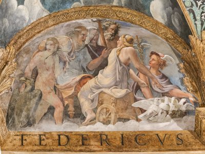 Dettaglio della volta: lunetta che rappresenta Venere che ottiene la disponibilità di Mercurio da Zeus, Camera di Cupido e Psiche (Sala di Amore e Psiche) da Giulio (and workshop) Romano