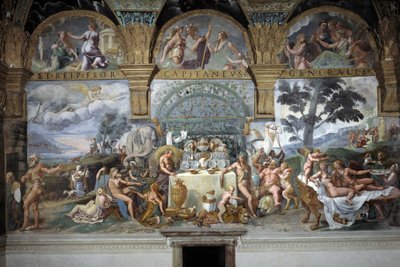 Il nobile banchetto che celebra il matrimonio di Cupido e Psiche, parete sud della Stanza di Cupido e Psiche, c.1527-31 (affresco) da Giulio (and workshop) Romano
