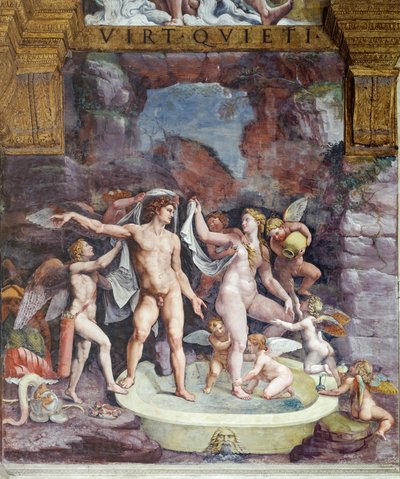Stanza di Psiche, parete nord: Venere e Marte che fanno il bagno; Eros e alcuni cupidi assistono al bagno della dea da Giulio (workshop of) Romano