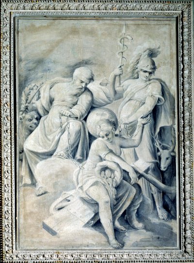 Allegoria della prudenza e del valore che tengono incatenata la fortuna da Giulio Ballino
