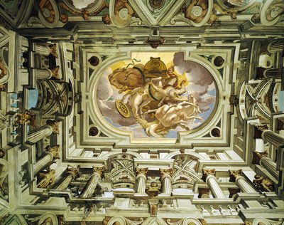 Cagnes (Alpes-Maritimes): soffitto della sala del vecchio castello medievale, trasformato nel 1620; affreschi in trompe-l