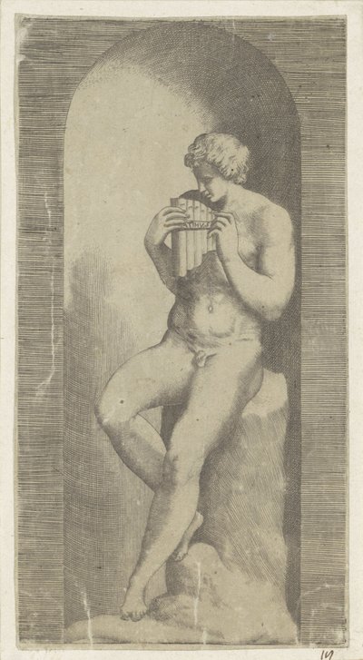 Uomo nudo con flauto di Pan in una nicchia da Giulio Bonasone (possibly)