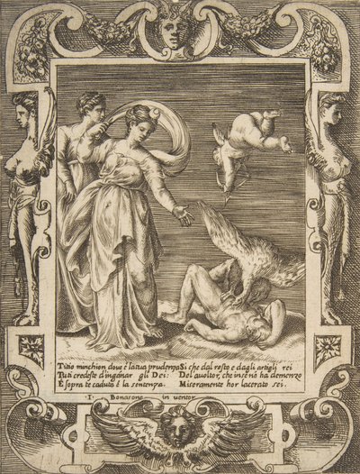 Un avvoltoio che mangia le interiora di Tizio, Cupido sopra due donne a sinistra, inserito in una cornice elaborata, 1531-76 da Giulio Bonasone