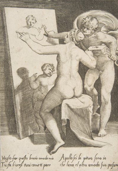 Apollo in piedi accanto a una donna che rappresenta un