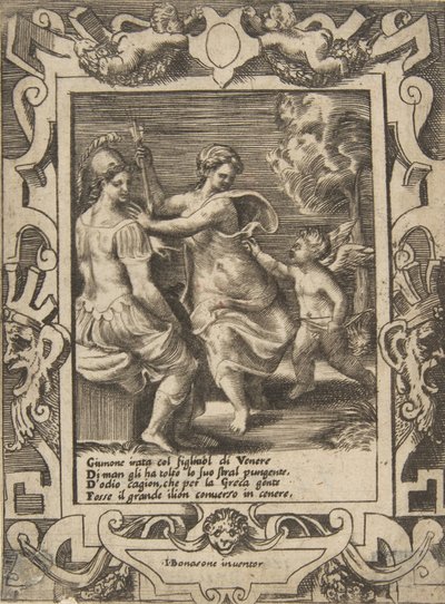 Atena seduta vicino a Giunone che ha preso le frecce di Cupido, inserita in una cornice elaborata da Giulio Bonasone