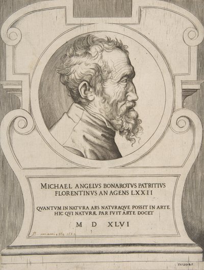 Ritratto busto di Michelangelo rivolto a destra, inserito in un cartiglio da Giulio Bonasone