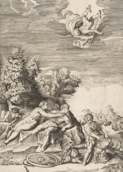 Calipso che cerca di trattenere Ulisse mentre un bambino prepara la sua armatura a destra e Mercurio vola via, 1531-76 da Giulio Bonasone