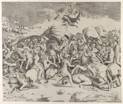 Costantino sconfigge il tiranno Massenzio, angeli con spade volano sopra, 1544 da Giulio Bonasone
