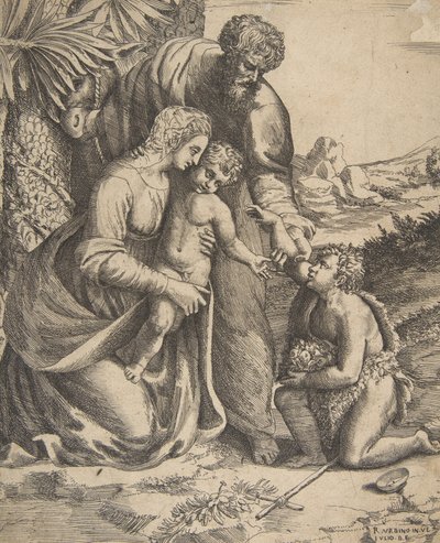Sacra Famiglia con San Giovanni Battista che si inginocchia a destra, 1531-76 da Giulio Bonasone