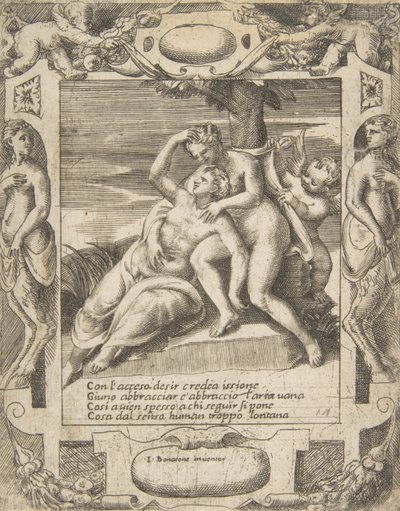 Issione che abbraccia una nuvola, pensando che sia Giunone, Cupido a destra, inserito in un elaborato..., 1531-76 da Giulio Bonasone
