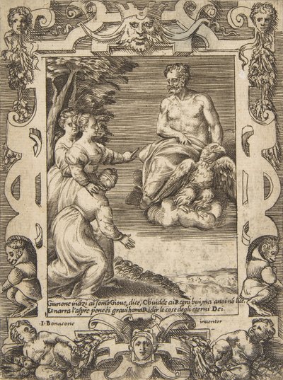 Giunone a sinistra chiede a Giove di aiutare i Greci, inserito in una cornice elaborata da Giulio Bonasone