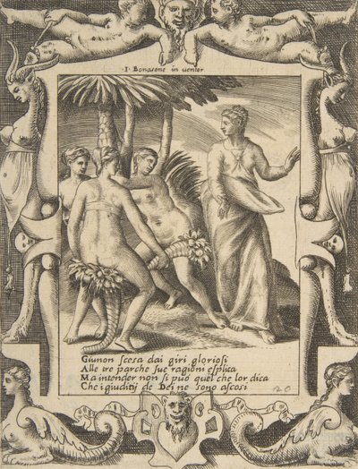Giunone a destra che si gira e parla alle Parche, inserita in una cornice elaborata, 1531-76 da Giulio Bonasone