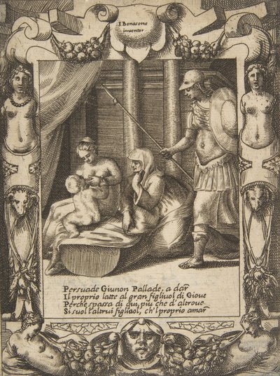 Giunone persuade Atena a nutrire il giovane Ercole, inserita in una cornice elaborata, da, 1531-76 da Giulio Bonasone