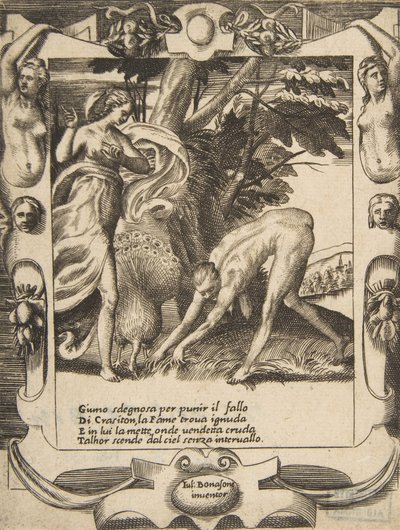 Giunone invia la carestia contro Crasiton, inserita in una cornice elaborata, da 