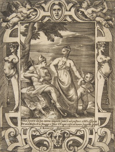 Giove a sinistra in forma di pastore accompagnato da Mnemosine, inserito in un elabo..., 1531-76 da Giulio Bonasone