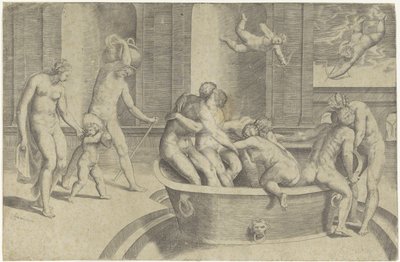Uomini e donne in una grande vasca da bagno da Giulio Bonasone