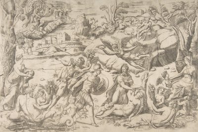 Marte e Rea Silvia: al centro Marte tiene uno scudo e una spada, Rea Silvia dorme..., ca. 1531-76 da Giulio Bonasone