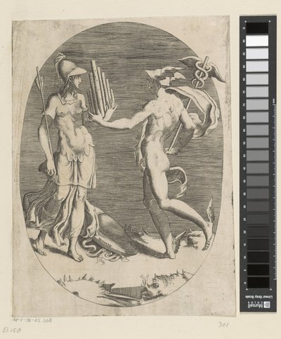 Mercurio dona un flauto di Pan a Minerva da Giulio Bonasone
