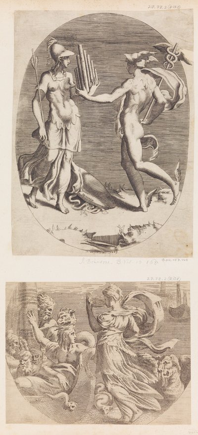 Mercurio presenta un flauto di Pan a Minerva da Giulio Bonasone