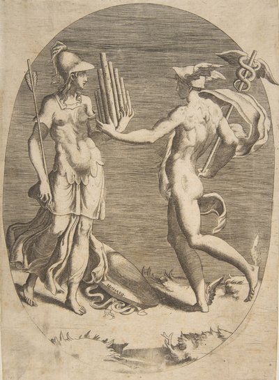 Mercurio presenta un flauto di Pan a Minerva che sta a sinistra, una composizione ovale da Giulio Bonasone