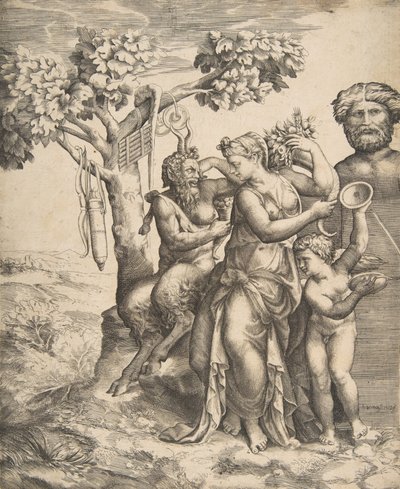 Pan a sinistra seduto accanto a una ninfa in piedi, a destra Cupido che tiene i cembali, 1531-76 da Giulio Bonasone
