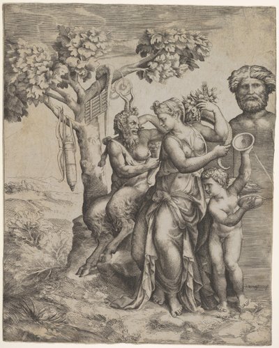 Pan seduto vicino a una figura femminile che tiene una cornucopia, una ninfa o Pomona da Giulio Bonasone