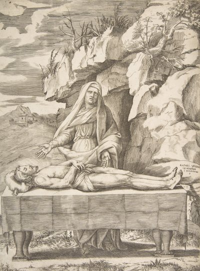 Pietà, Cristo disteso su un tavolo in un paesaggio, la Vergine dietro con le braccia aperte, 1531-76 da Giulio Bonasone