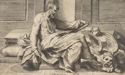 San Marco che scrive il suo Vangelo, un leone alato a destra da Giulio Bonasone
